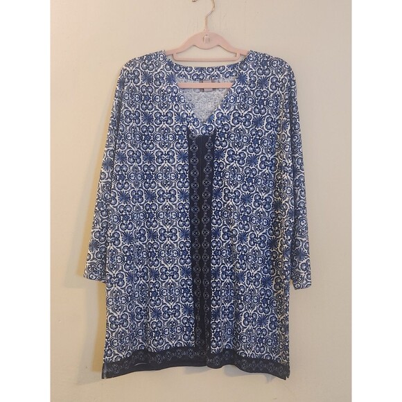 Chico's Size 2(12) Blue Geometric Design V-Neck 3/4‎ Sleeve Boho Tunic Top - Picture 1 of 9